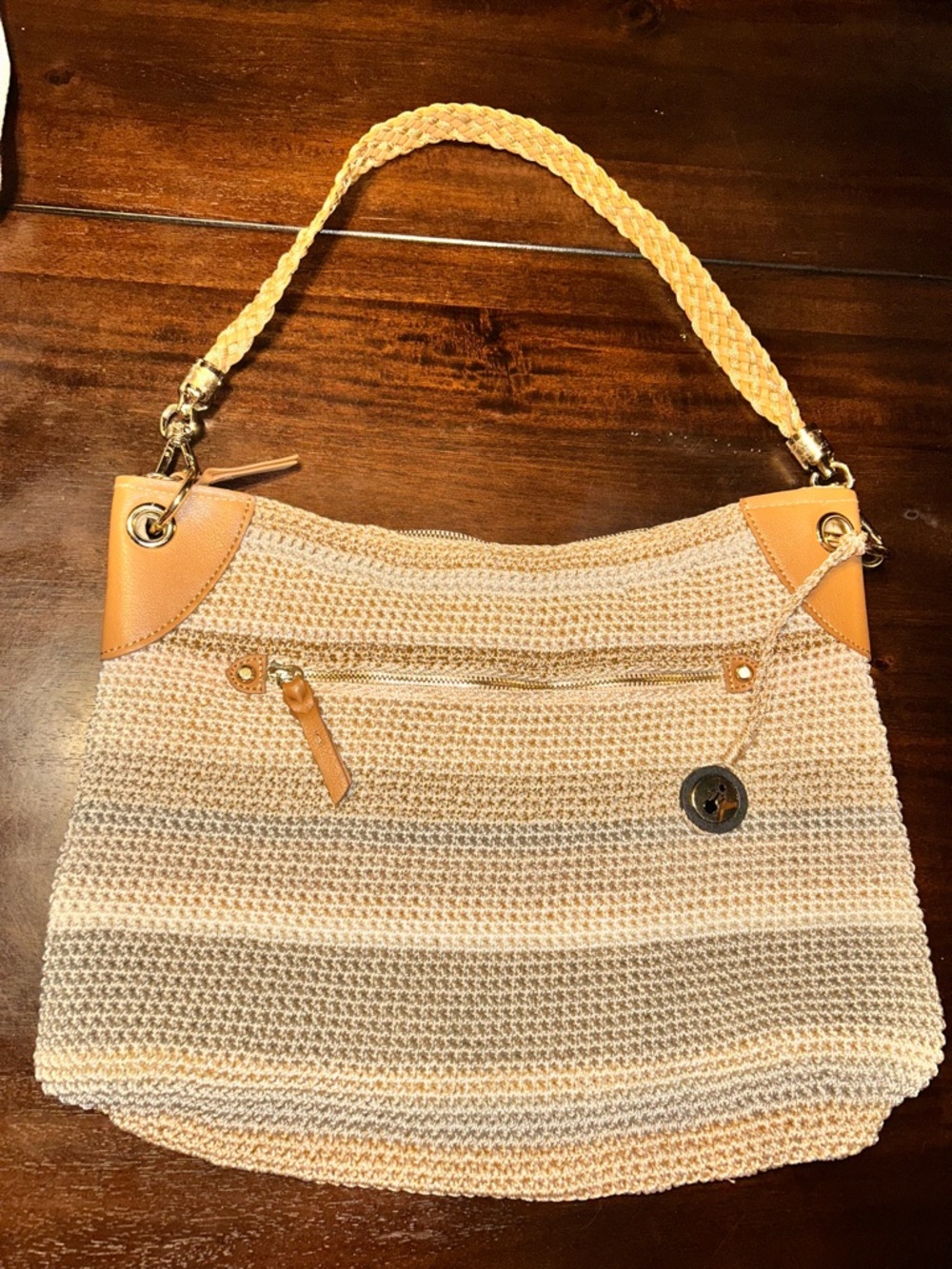 Woven Straw Shoulder Bag with Tan Trim
